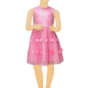 PINK NET DRESS WITH SEQUINS ON BODICE & FLORAL CUTOUTS ON SKIRT