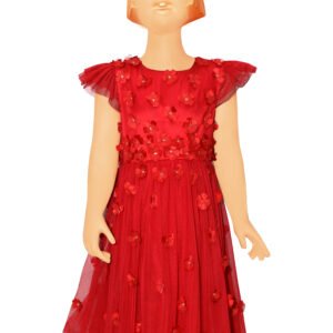 RED NET DRESS WITH MULTI FLORAL IN SATIN